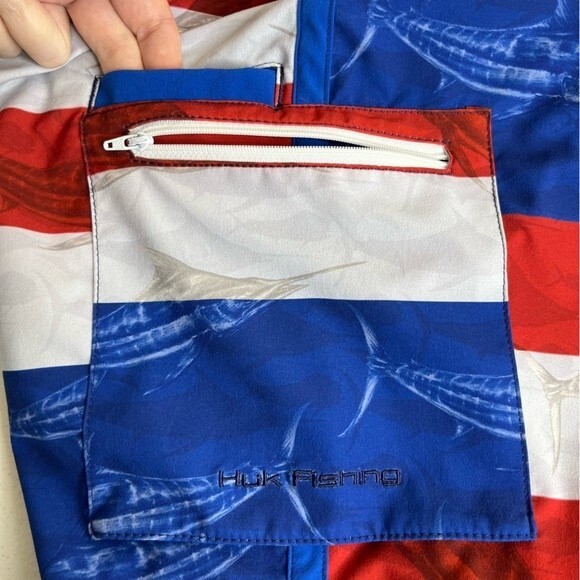 Huk Performance Fishing KC Scott Blue Marlin Board Shorts Flag Patriotic Men 30 - Picture 5 of 14